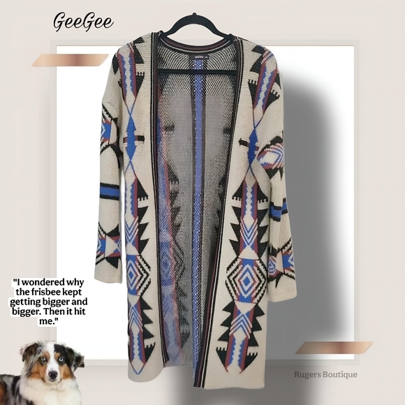 🌿GeeGee Women's Small/Medium Longsleeve Acrylic Aztec Tan Split Hem Cardigan - Picture 13 of 14